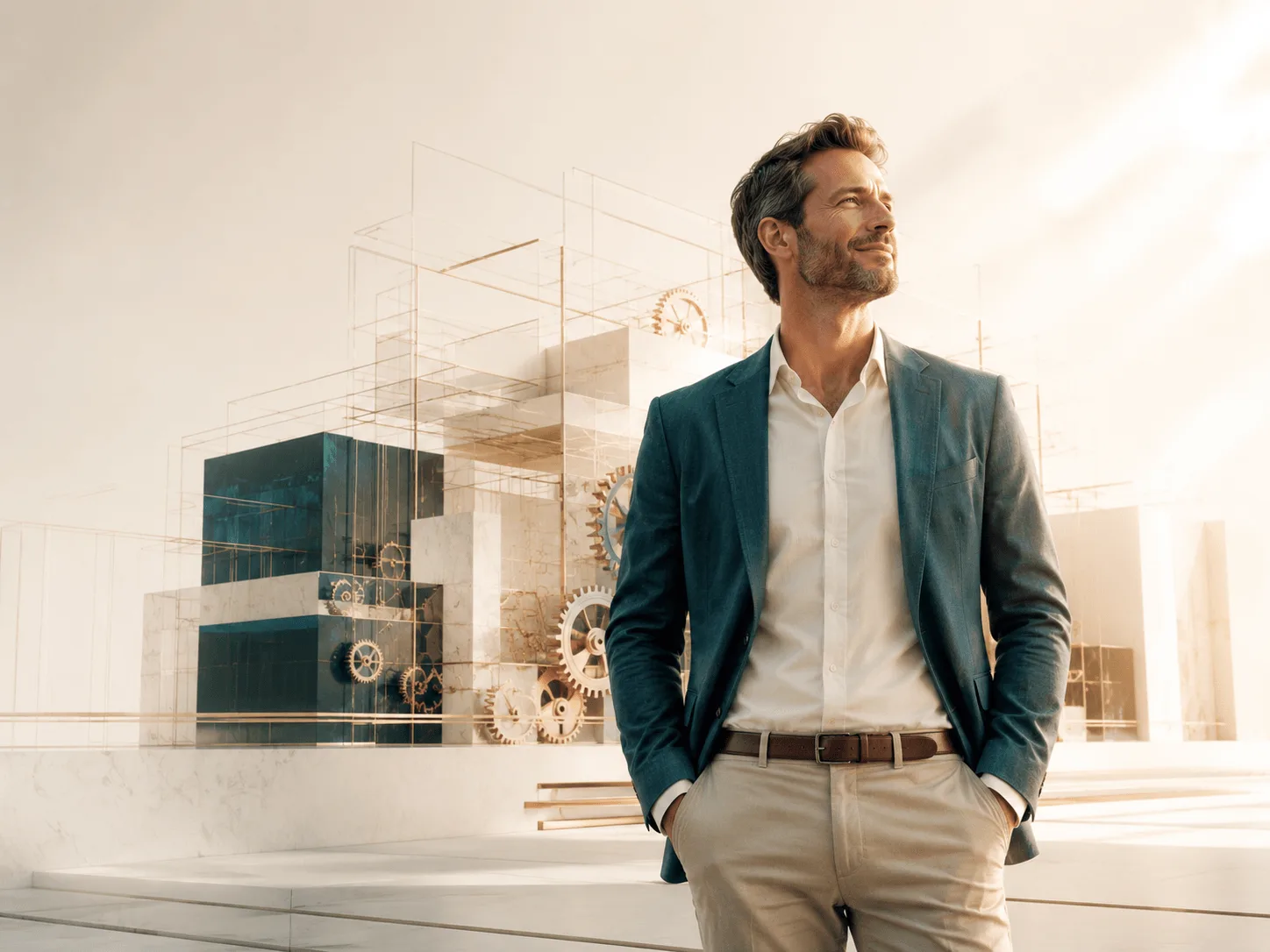 Freier Unternehmer in Business-Kleidung vor transparenter Gebäude-Architektur mit Zahnrädern