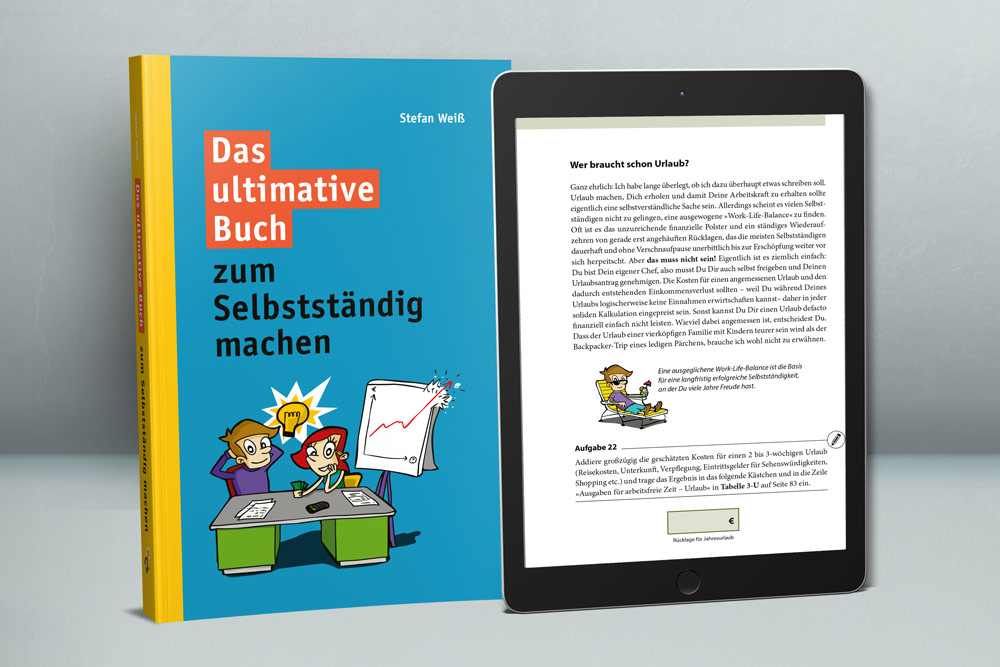 Buch und Tablet-Mockup: Das ultimative Buch zum Selbstständig machen mit eBook-Display