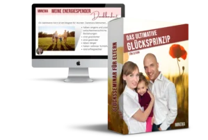 Das ultimative Glücksprinzip für Eltern – Produktbox mit Familie und Mohnblume, daneben Screenshot einer Online-Schulung