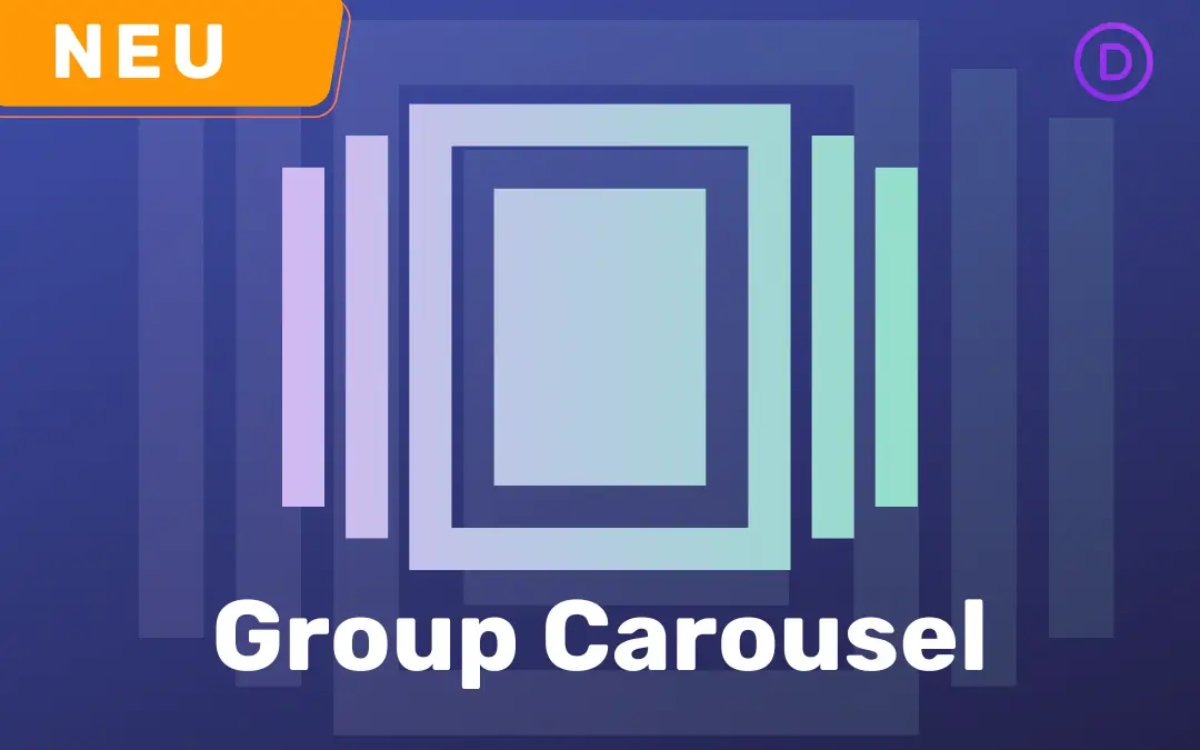 Grafik mit Text 'NEU', 'Group Carousel' und Divi-Logo auf blauem Hintergrund
