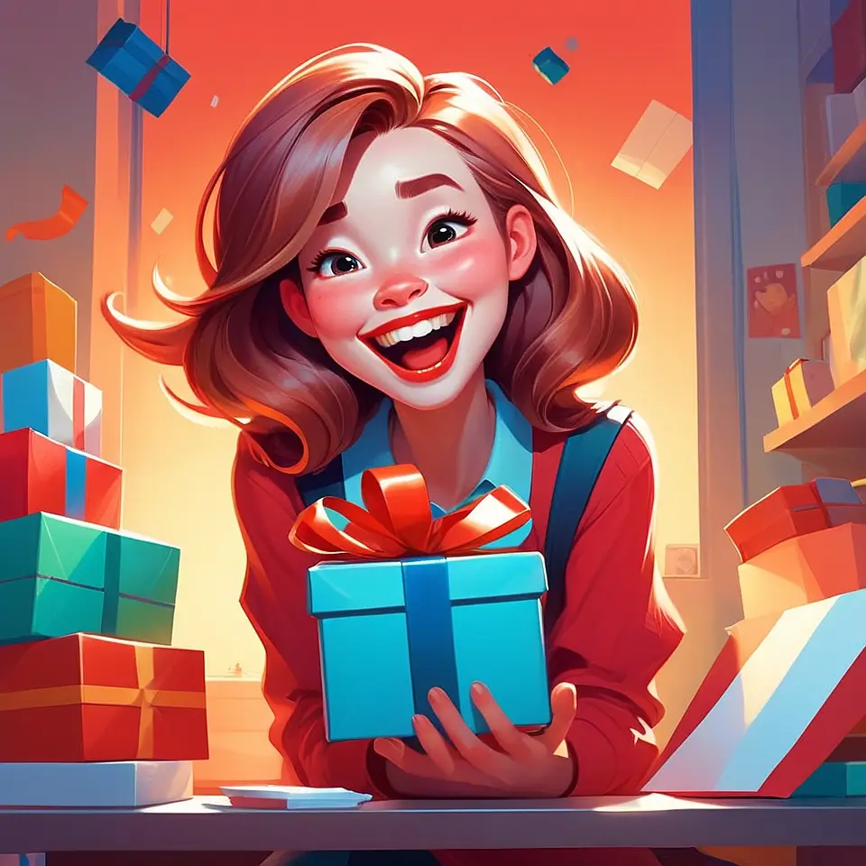 Illustrierte Frau mit roten Haaren hält blaues Geschenk mit rotem Band, Geschenkboxen
