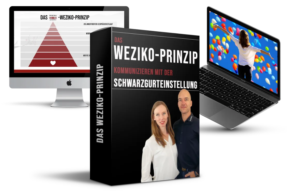WEZIKO-Prinzip Produktbox mit Pyramiden-Diagramm, Laptop und zwei Trainern