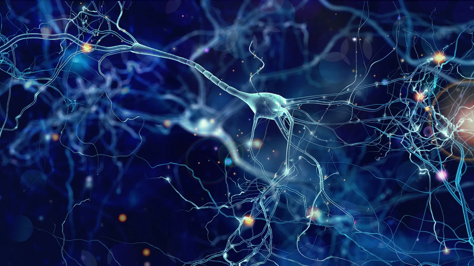Abstrakte blaue Nervenzellen und Neuronen mit leuchtenden Verbindungen und Synapse