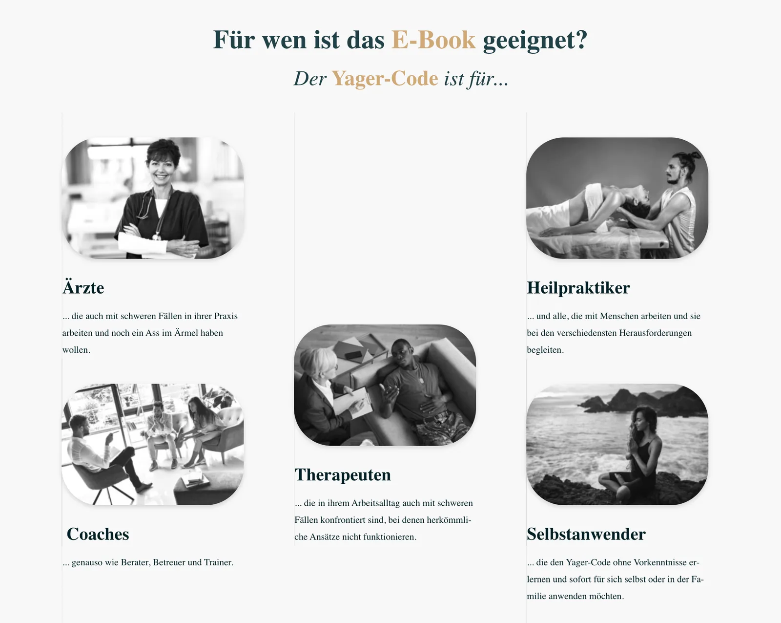 Infografik Zielgruppen für Yager-Code E-Book mit fünf Bildern: Ärztin, Heilpraktiker, Therapeut, Coach, Selbstanwender