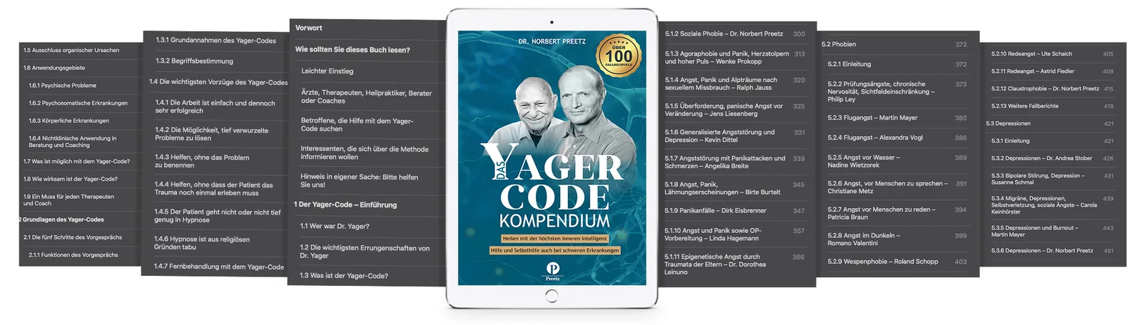 E-Book Inhaltsverzeichnis Yager-Code Kompendium auf Tablet mit mehreren Inhaltsseiten