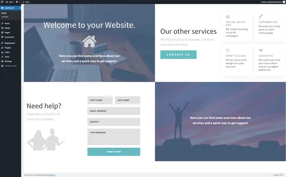 WordPress Dashboard mit Website-Übersicht, Kontaktformular und Services-Bereich