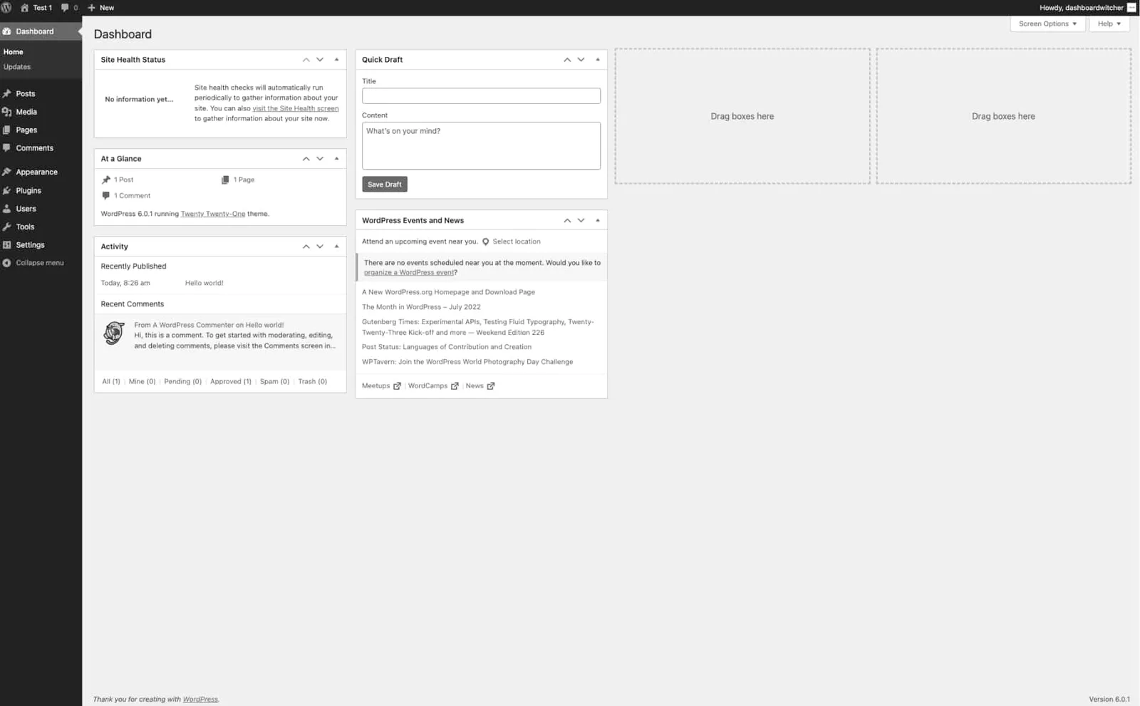Standard WordPress Dashboard mit Seitenmenü, Site Health Status und Quick Draft Widget