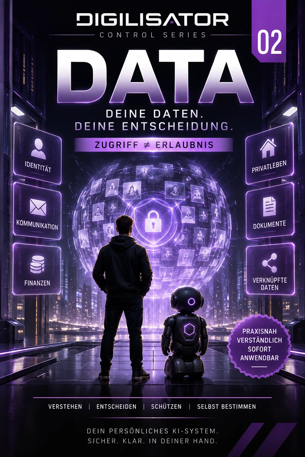 DATA 02 Cover der Digilisator Control Series mit Mensch und KI-Agent vor digitalem Datenschutz-Interface