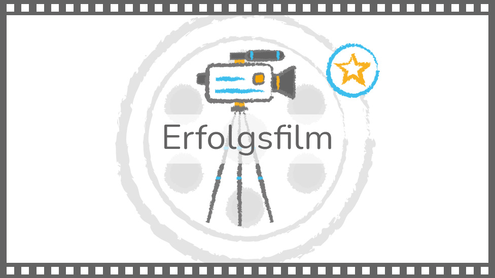 Eine auf einem Stativ stehende Kamera mit aufgestecktem Mikrofon. Oben rechts ein Stern in einem Kreis als Referenz an die Welt der Filmstars und deren Garderoben. Im Hintergrund eine stilisierte Filmrolle. Im Vordergrund der Titel des Bildes: Erfolgsfilm. Alles zusammen wird von einem typisch gestanzten Filmstreifen umrahmt. Das Motiv wirkt illustrativ und wurde in den bekannten Farben des Corporate Design umgesetzt: Grau, hellblau, orange und weiß im Hintergrund.