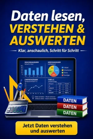 Hero-Banner für Videokurs zum Daten lesen und verstehen mit Diagrammen, Laptop und Bücherstapel auf blauem Hintergrund