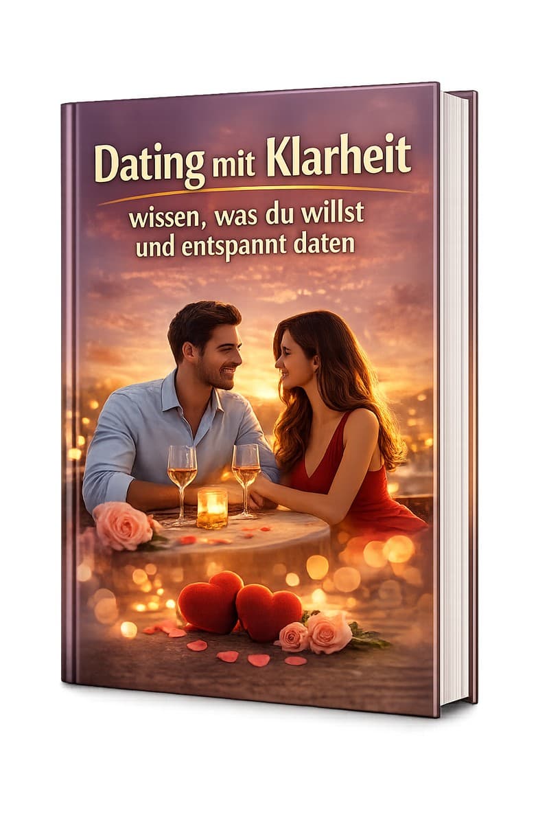 3D-Buchcover Dating mit Klarheit, Paar beim romantischen Abendessen mit Sonnenuntergang-Hintergrund, Titel in Gold