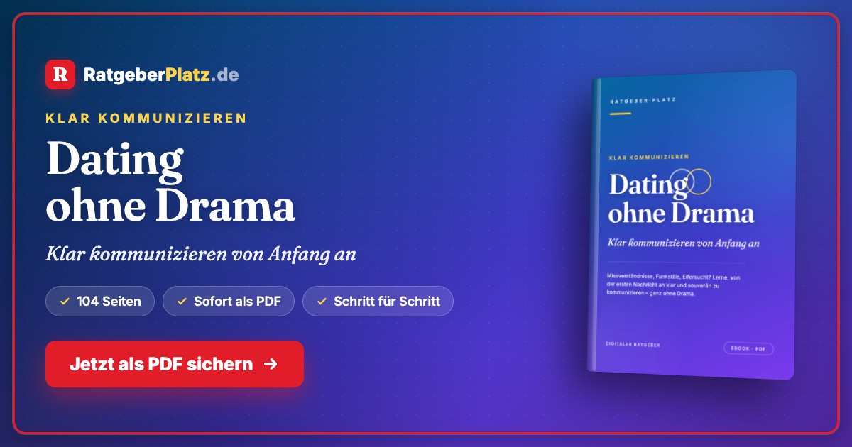 Marketingbanner für Dating ohne Drama eBook mit RatgeberPlatz Logo, Haupttitel und Produktcover auf blauem Hintergrund