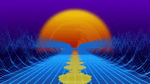 Synthwave-Audio-Visualizer mit orangeroter Sonne, blauen Gitarrenwellen und gelber Frequenzbalken