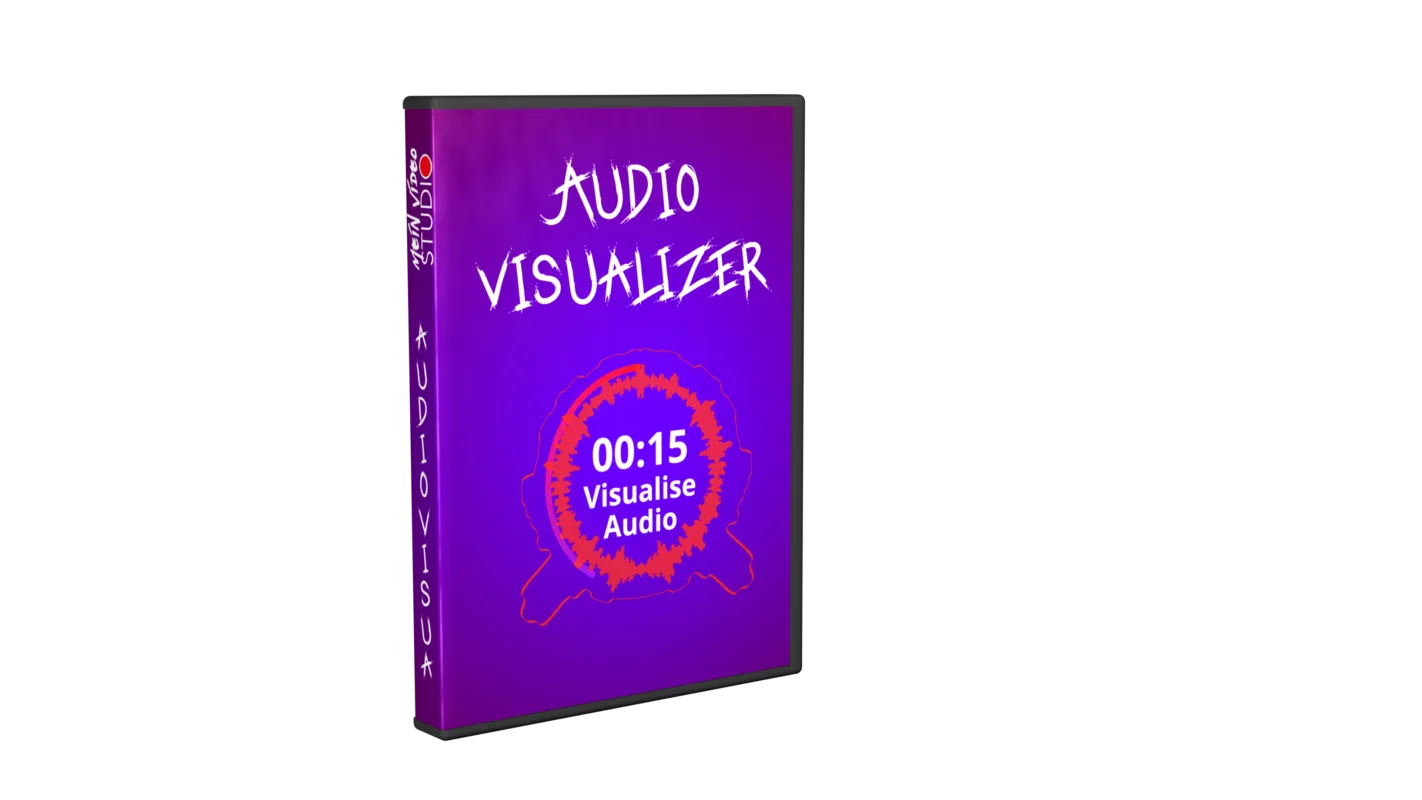 DaVinci Resolve Audio Visualizer Pack Produktbox mit lila Hintergrund, rotem Visualizer-Kreis und Zeitanzeige 00:15