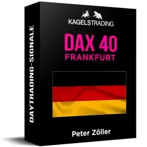 DAX 40 Frankfurt Produktbox mit schwarzem Design, roter und gelber Flagge, Autor Peter Zöller