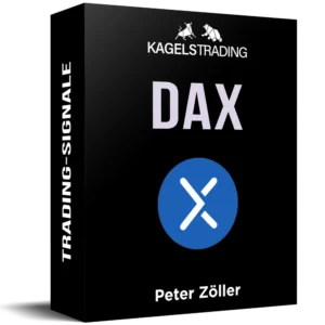 DAX Trading Signale Produktverpackung schwarz mit weißem Text und blauem X-Logo von Kagels Trading