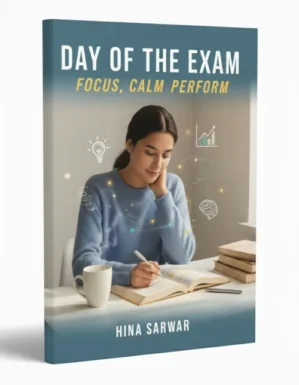 E-Book Cover Day of The Exam von Hina Sarwar mit konzentrierter Frau beim Lernen am Schreibtisch