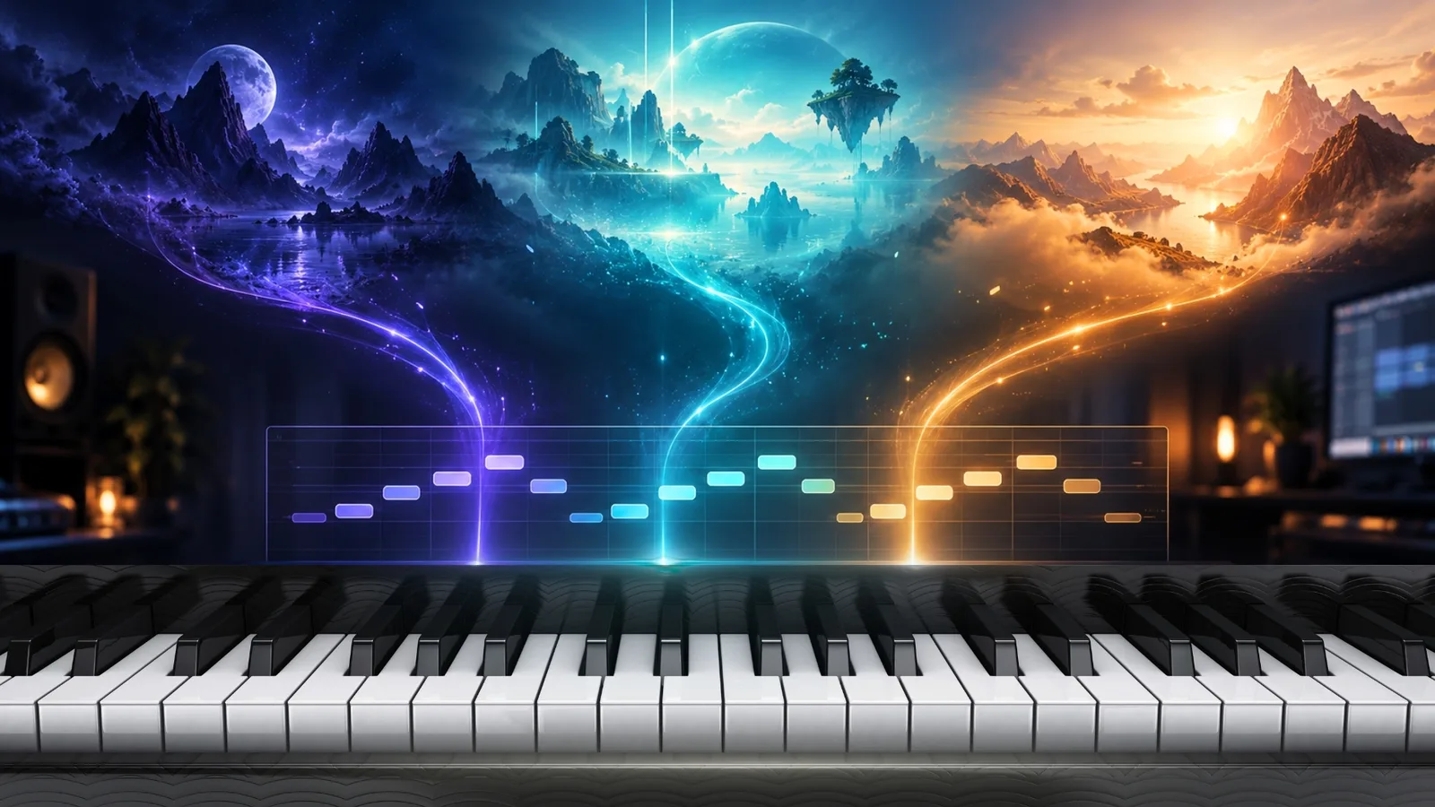 Dayum für HALion Sonic SE 3 – Sound-Library für EDM und Pop 5 Fantastische Landschaft mit Klavier, leuchtenden Skalen in Violett, Türkis und Gold, gebirgigte Landschaften