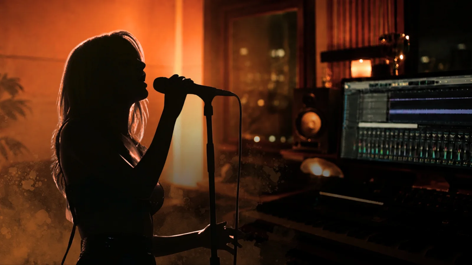 Dayum für HALion Sonic SE 3 – Sound-Library für EDM und Pop 8 Sängerin mit Mikrofon in orangem Licht vor Musikproduktions-Setup und DAW