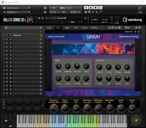 HALion Sonic SE 3 Software-Interface mit Dayum Drum-Kit, farbenfrohe Hero-Grafik mit Feuer- und Wassermotiven