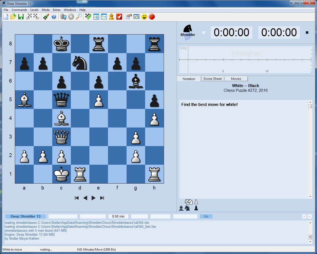 Deep Shredder 13 Schach-Rätsel mit blauem Spielfeld und Aufgabe in englischer Oberfläche
