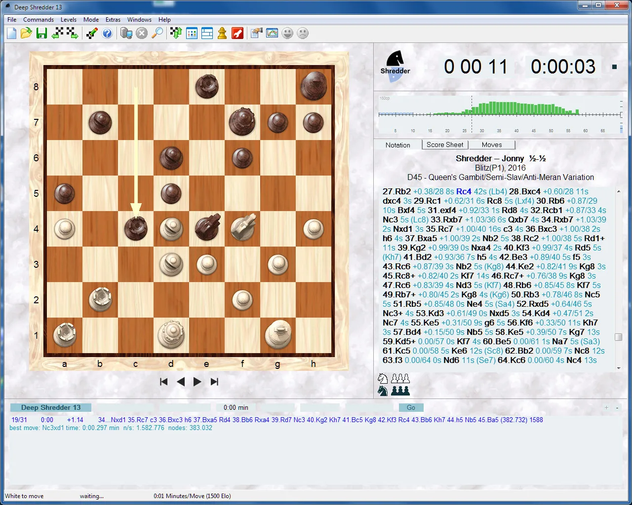 Deep Shredder 13 mit Echtzeit-Partie-Analyse, Spielposition mit 3D-ähnlichen Steinen und Uhr