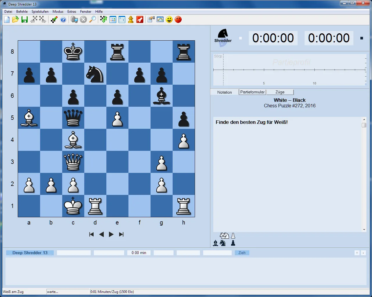 Deep Shredder 13 Schach-Rätsel mit deutscher Aufgabenstellung auf blauem Spielfeld