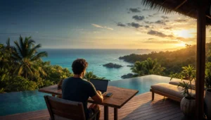 Mann arbeitet am Laptop auf einer Holzterrasse mit Meerblick bei Sonnenuntergang, tropische Insellandschaft im Hintergrund