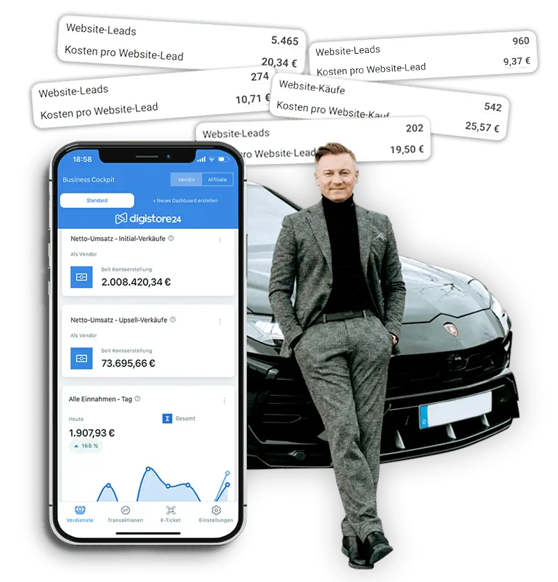 Mockup von Dawid Przybylski mit Business Cockpit App und Statistiken für Website-Leads