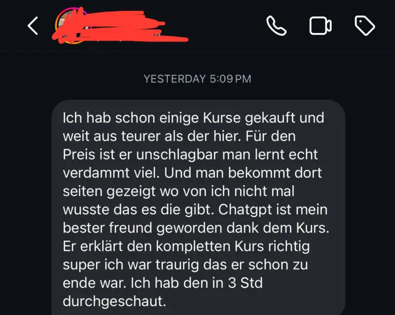 WhatsApp-Nachricht eines Kunden über hohen Kursnutzen und ChatGPT-Integration