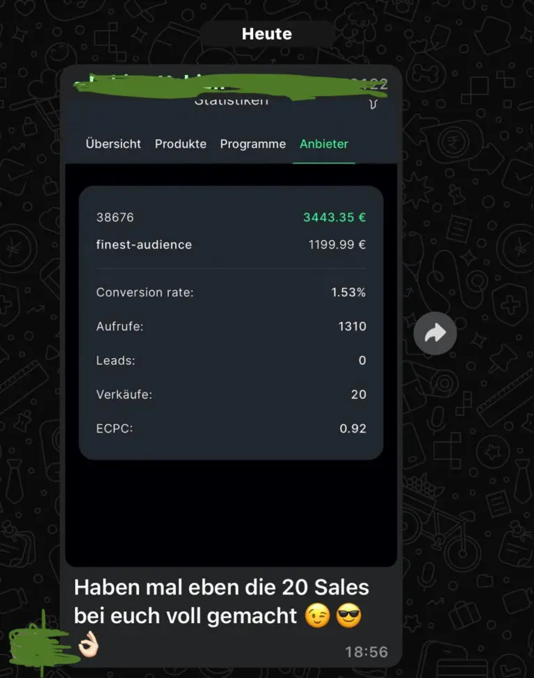 Screenshot einer Affiliate-Statistik mit 3443,35 Euro Verdienst, 20 Verkäufen und 1,53% Conversion Rate