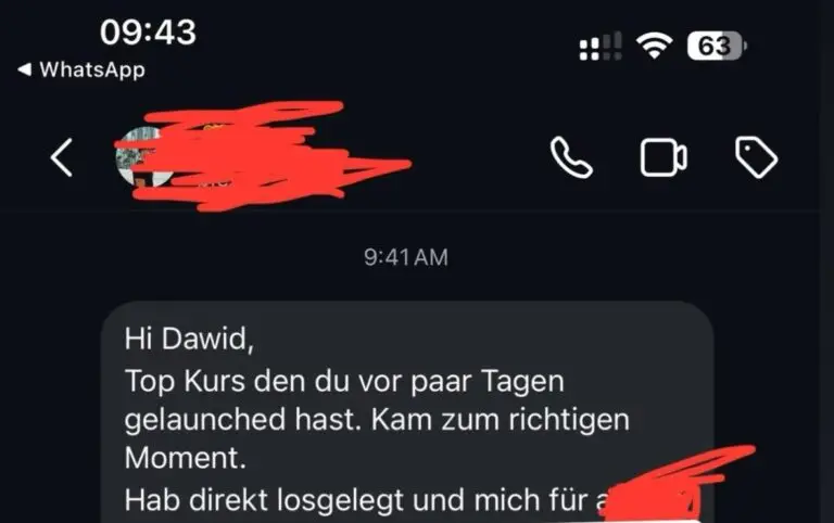 WhatsApp-Nachricht eines Kunden über erfolgreich gelauncht Kurs und schnelle Umsätze