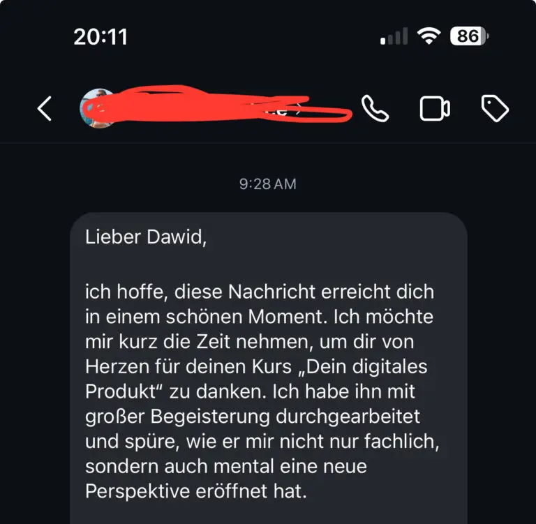 WhatsApp-Nachricht eines Kunden mit ausführlichem Feedback zum Kurs und mentalen Fortschritt