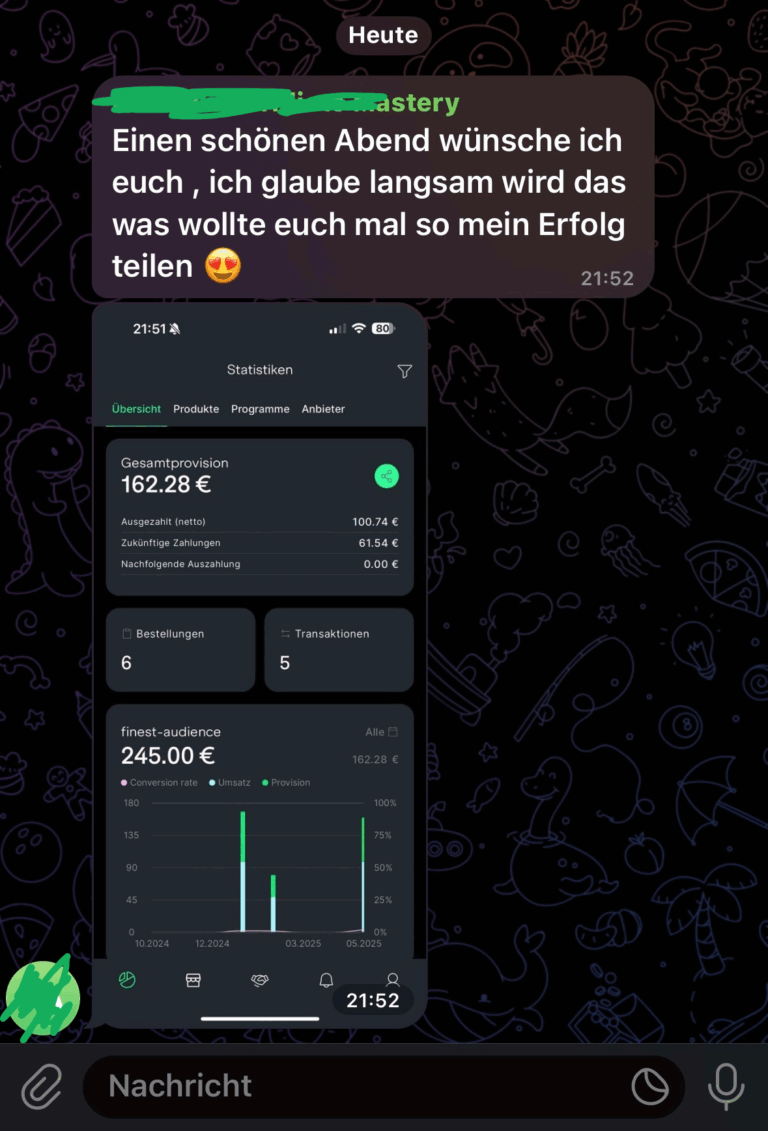 WhatsApp-Screenshot einer Kundennachricht mit Statistiken und Provisionsangaben für Finest Audience