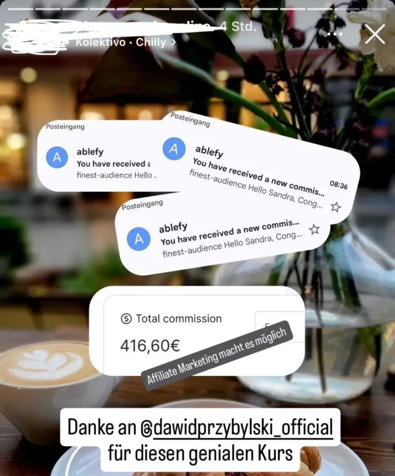 WhatsApp-Screenshot einer Kundennachricht mit Affiliate-Commission von 416,60 Euro und Dank an Dawid Przybylski