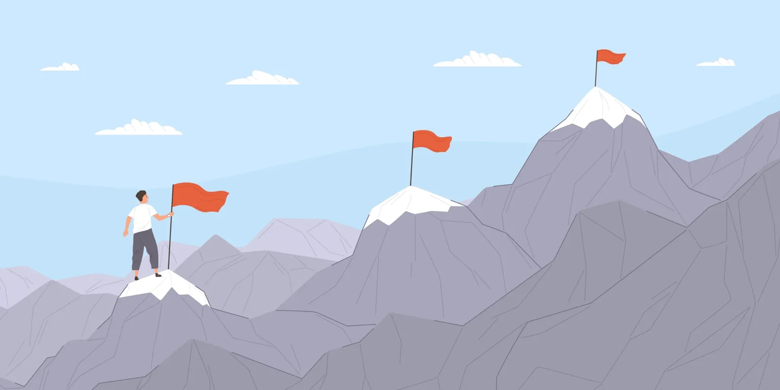 Illustrierte Person mit roter Flagge auf Berg, weitere Berggipfel im Hintergrund