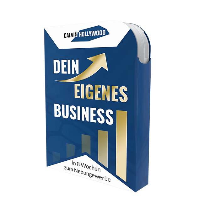 Buchcover mit dunkelblauem Design, goldenem Pfeil und Balkendiagramm, Text Dein eigenes Business