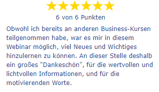 Sechssterne-Bewertung über Geschäftskurs mit vielen praktischen Tipps und Informationen