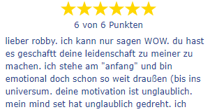 Sechssterne-Bewertung mit begeistertem Feedback zur emotionalen Wirkung und Anfangsphase