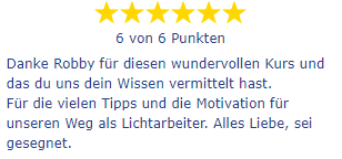 Sechssterne-Bewertung mit Dank für Kurs, Wissen und Motivation als Lichtarbeiter