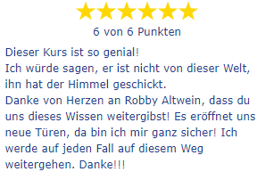 Sechssterne-Bewertung mit Kundenstimme über positives Mindset und Seminarwissen