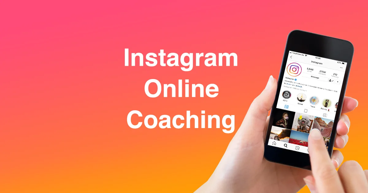 Dein Erfolgsleitfaden – Instagram-Videokurs von Tanja Vallee 1 Hero-Image mit iPhone zeigt Instagram-Profil, Hand hält Smartphone vor Farbverlauf von Rosa zu Orange