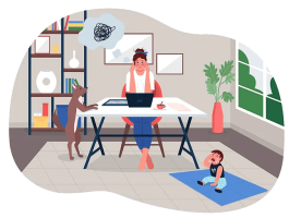 Illustration einer Frau am Schreibtisch mit Laptop, umgeben von Möbeln und Deko im minimalistischen Stil