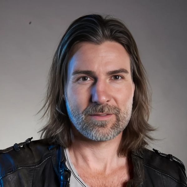 Andreas Renz Porträt, lange dunkle Haare, Bart, schwarze Lederjacke, blaue Beleuchtung
