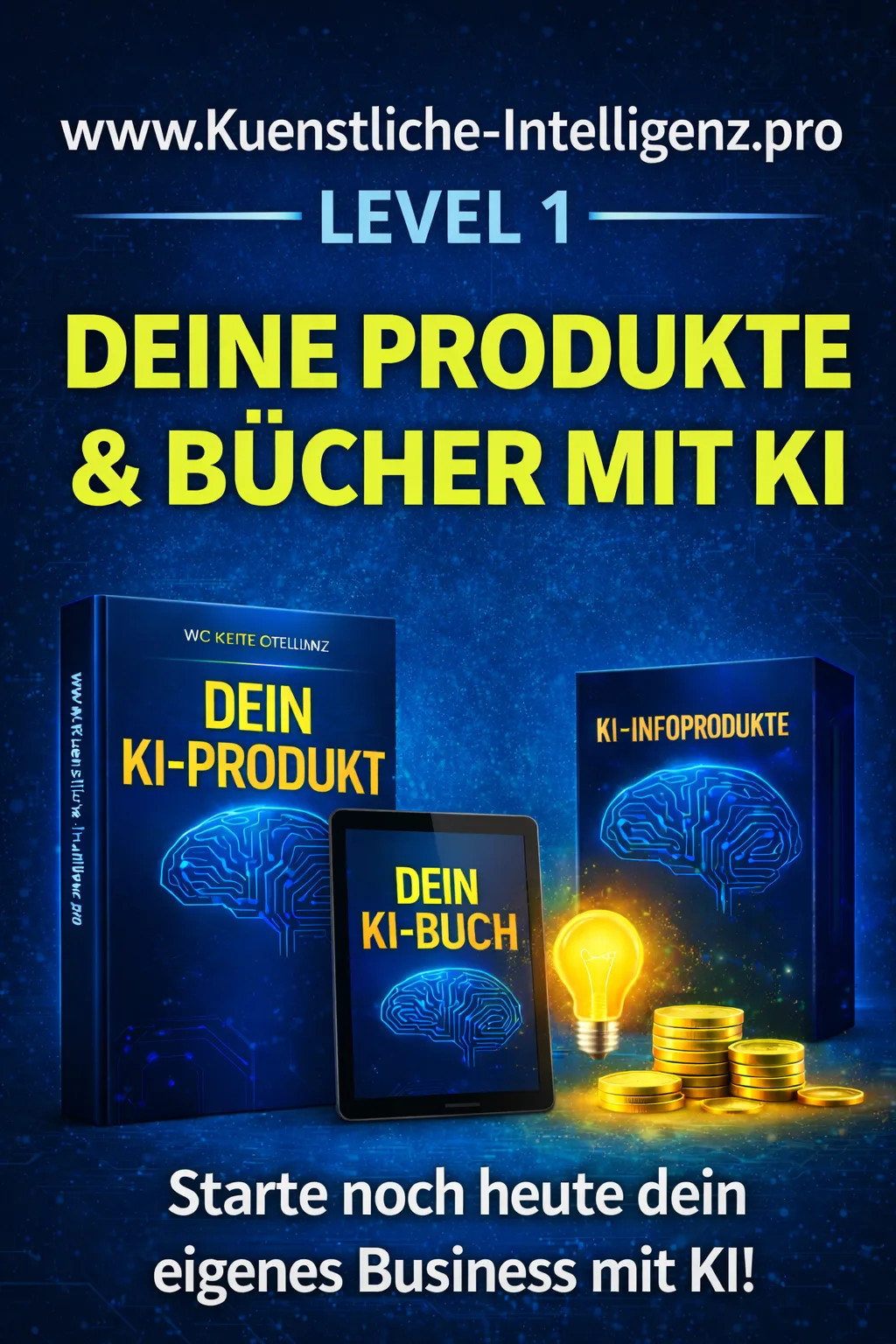 Level-1-Kursmodul mit Boxen für KI-Produkte und KI-Bücher, Glühbirnen- und Münz-Symbol