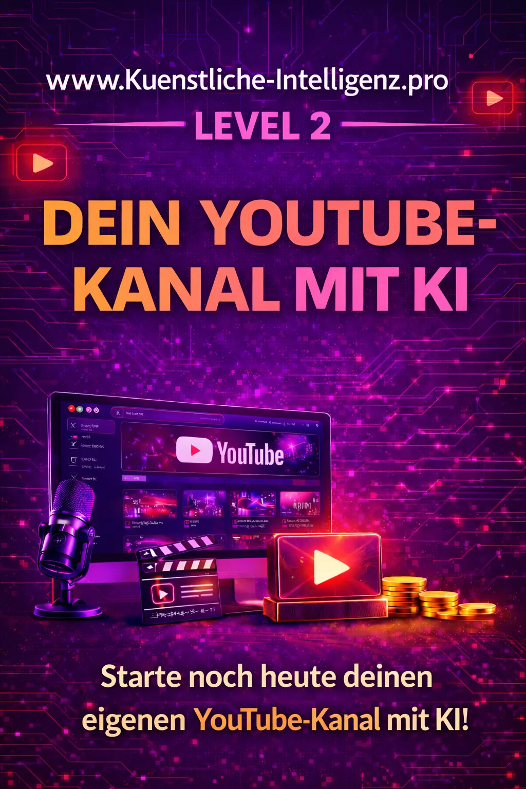 Level-2-Kursmodul mit YouTube-Interface, Mikrofon und Play-Button-Symbol in Neon-Pink
