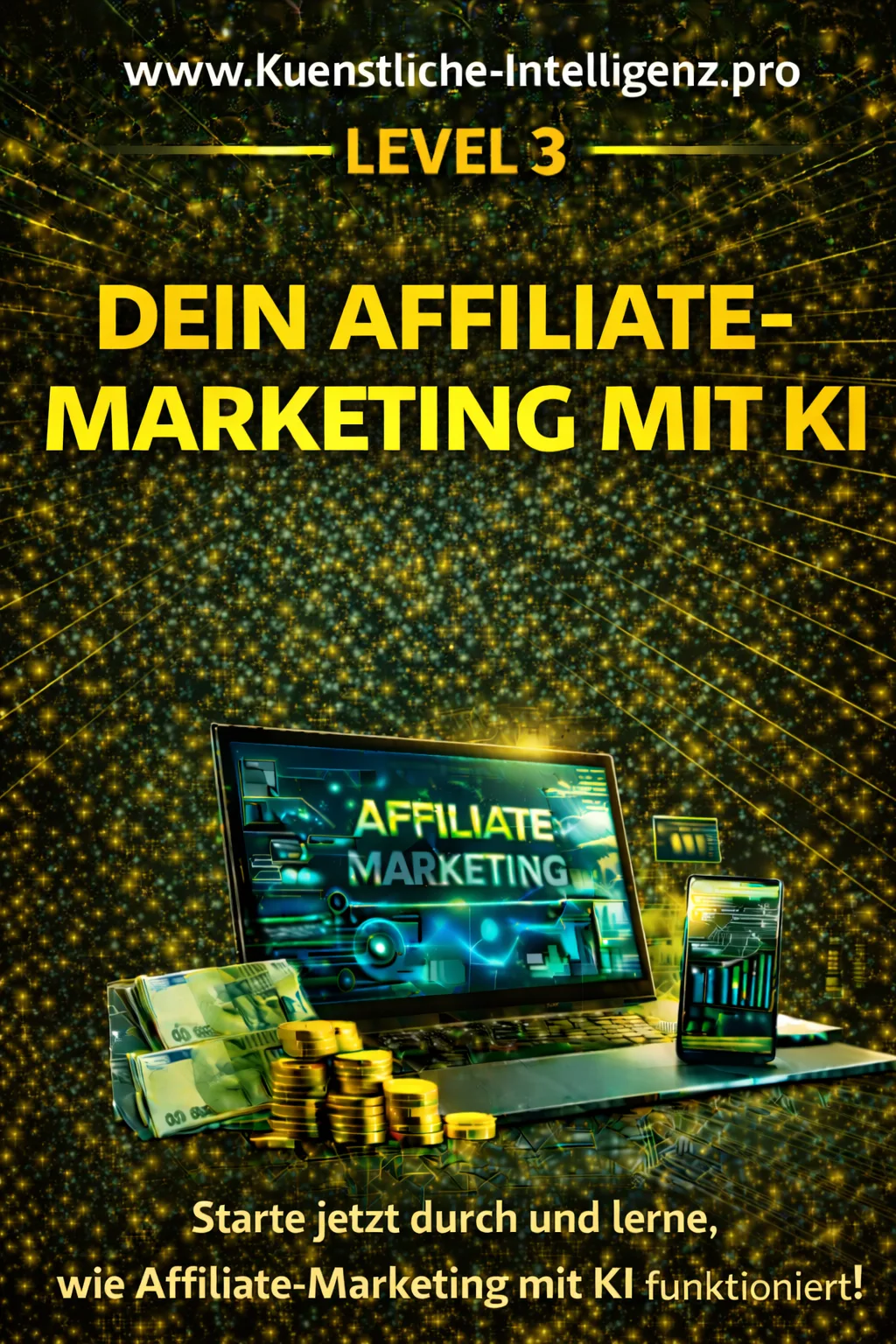 Level-3-Kursmodul mit Laptop, Smartphone und Münz-Stapel für Affiliate-Marketing-Training