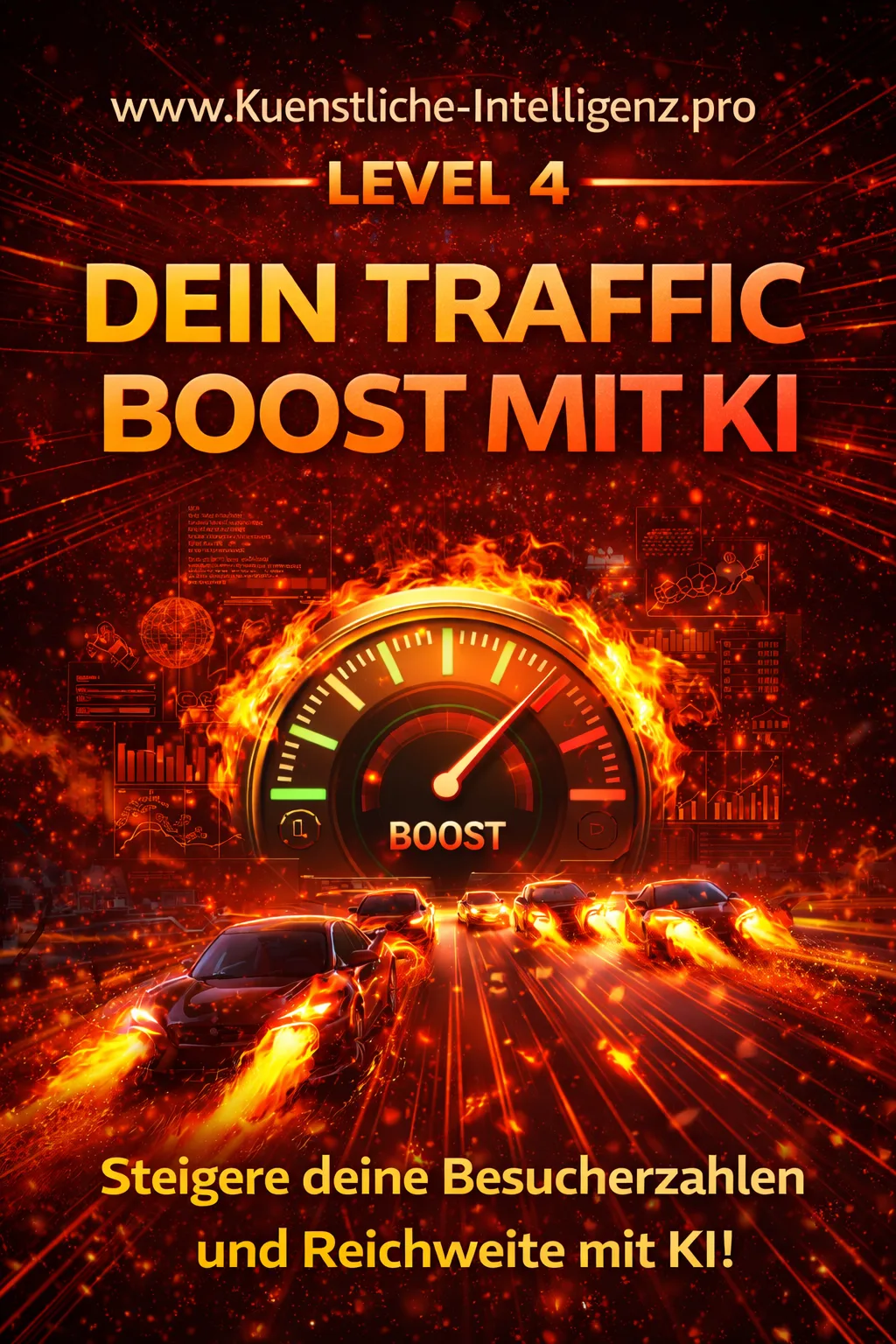 Level-4-Kursmodul mit brennendem BOOST-Tacho und feurigen Sportwagen auf Straße