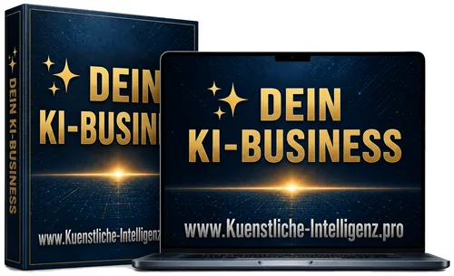 Produktbox und Laptop-Mockup von Dein KI-Business mit goldenem Logo und Website-URL