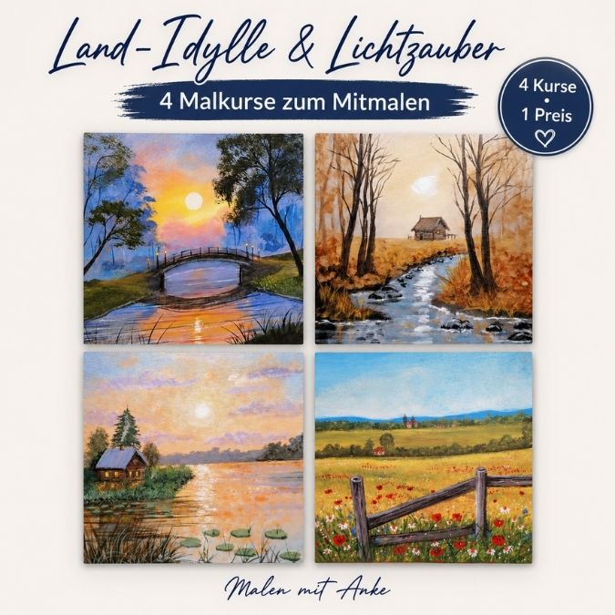 Land-Idylle & Lichtzauber Bundle mit vier Acryl-Malkursen, zeigt vier gemalte Landschaftsmotive